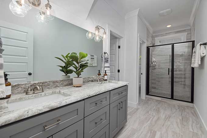 Master bathroom design with two sink vanity